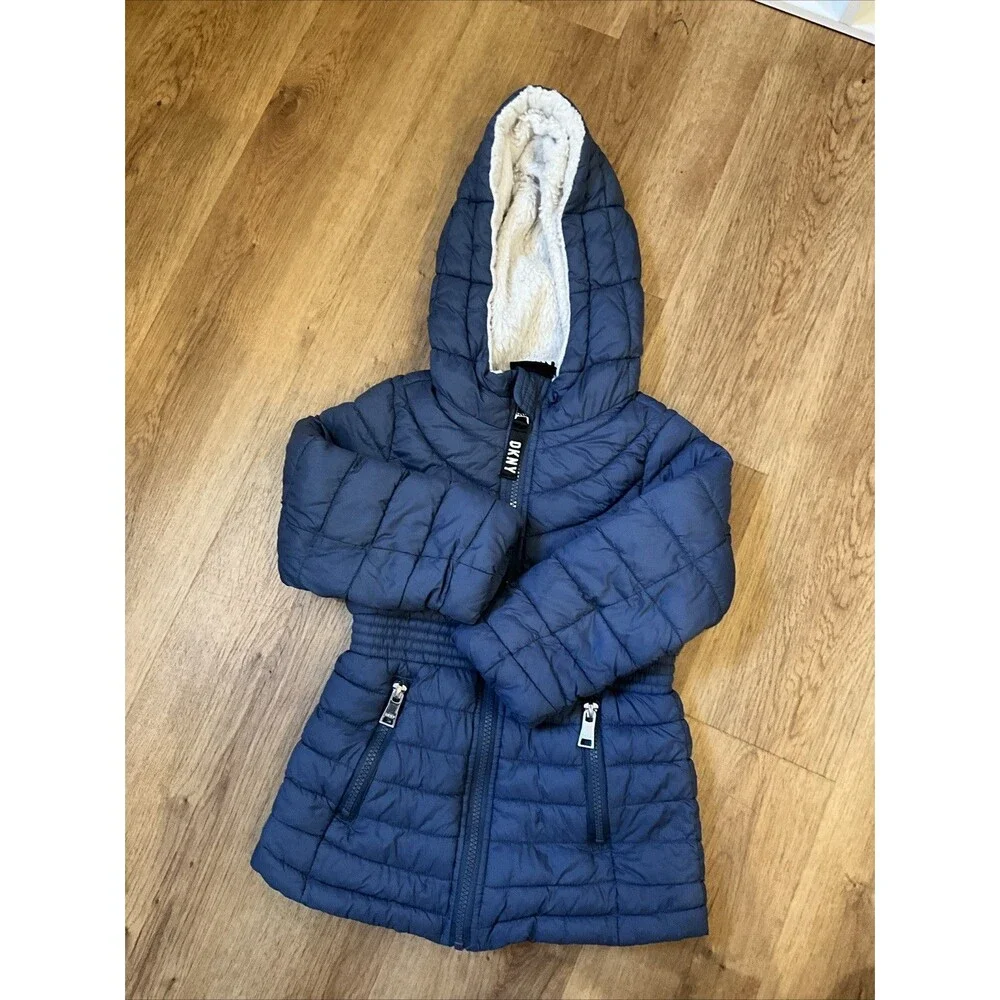DKNY Kids Faux Fur Jacket Girls Size 4T Blue Hooded Full Zip Long‎ Sleeve Coat